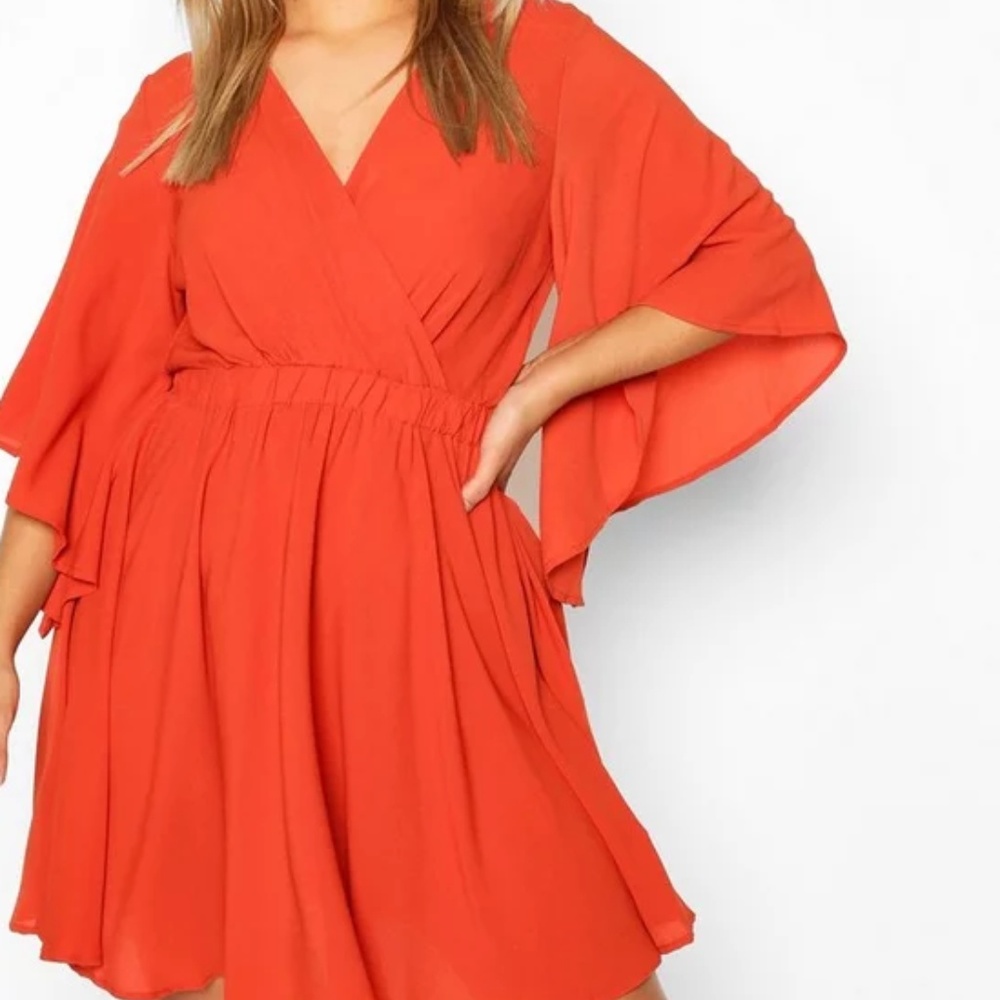 Rust Plus Kimono Sleeve Woven Skater Dress